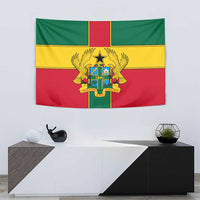 Ghana flag tapestry featuring coat of arms crest in the center on a tricolor cross