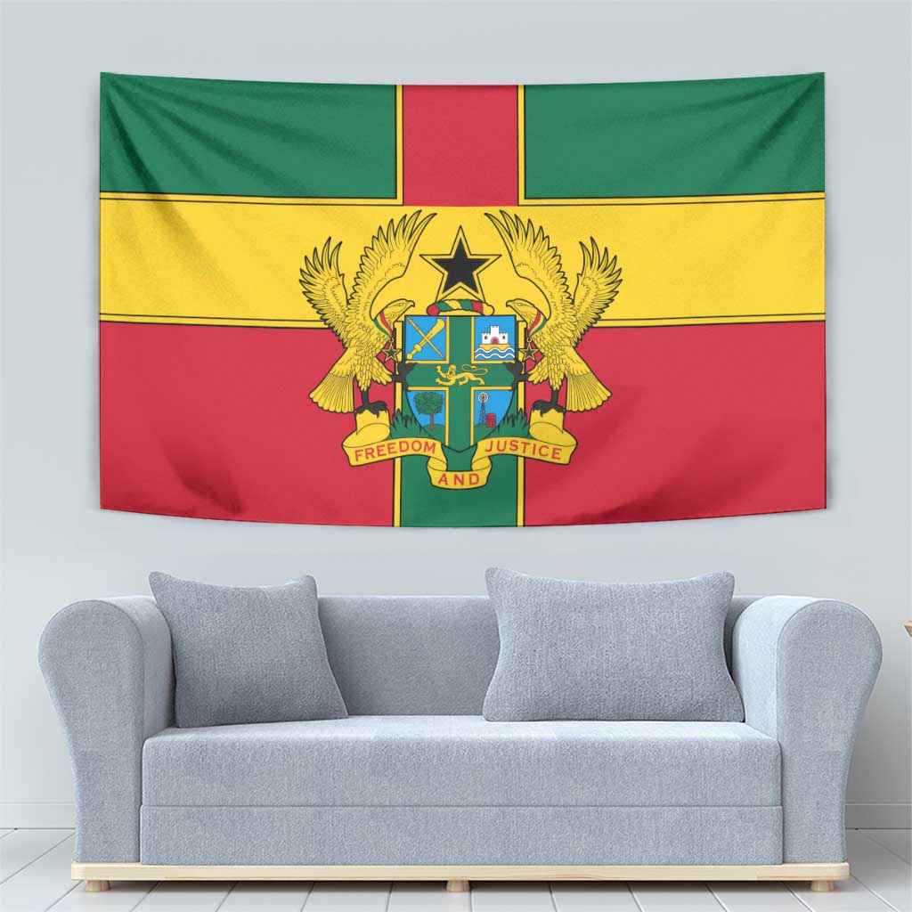 Ghana flag tapestry with coat of arms crest, green-yellow-red cross design
