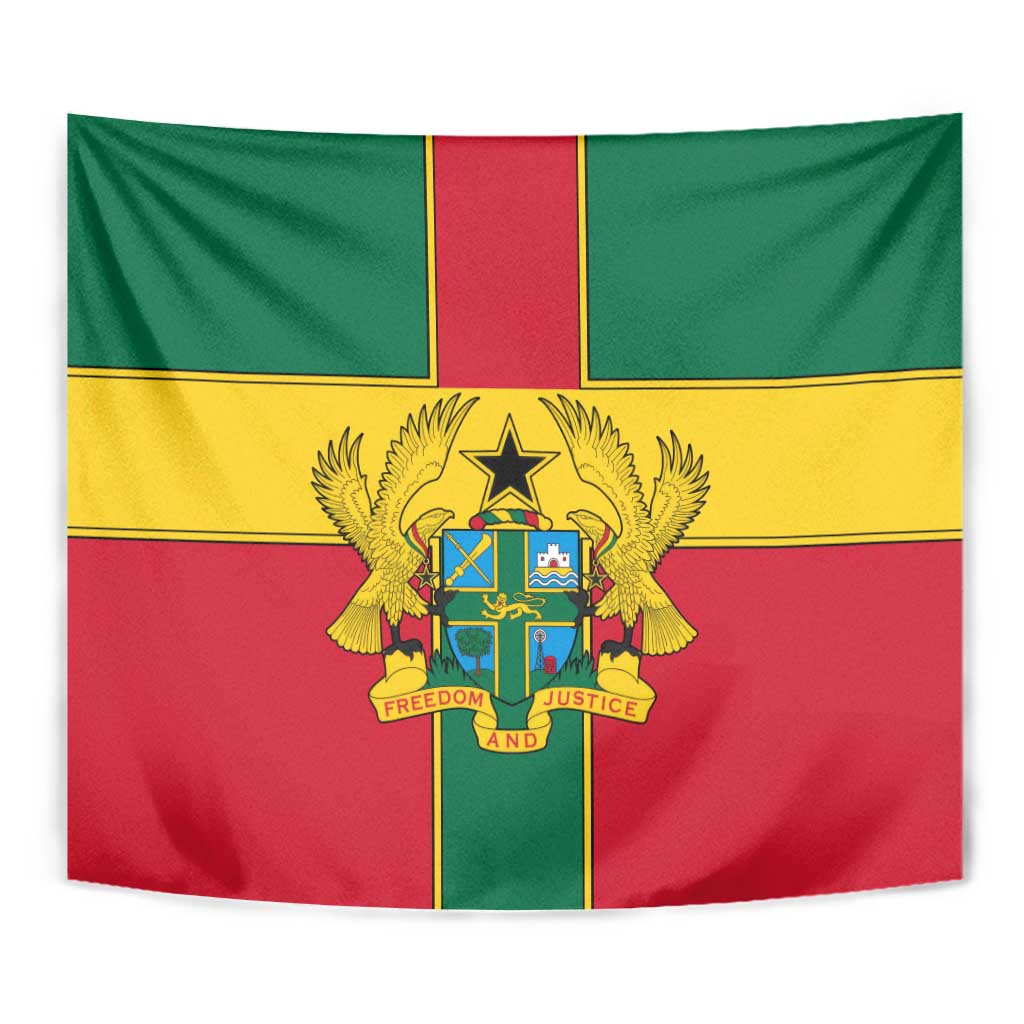 Ghana flag tapestry close-up of coat of arms and tricolor cross