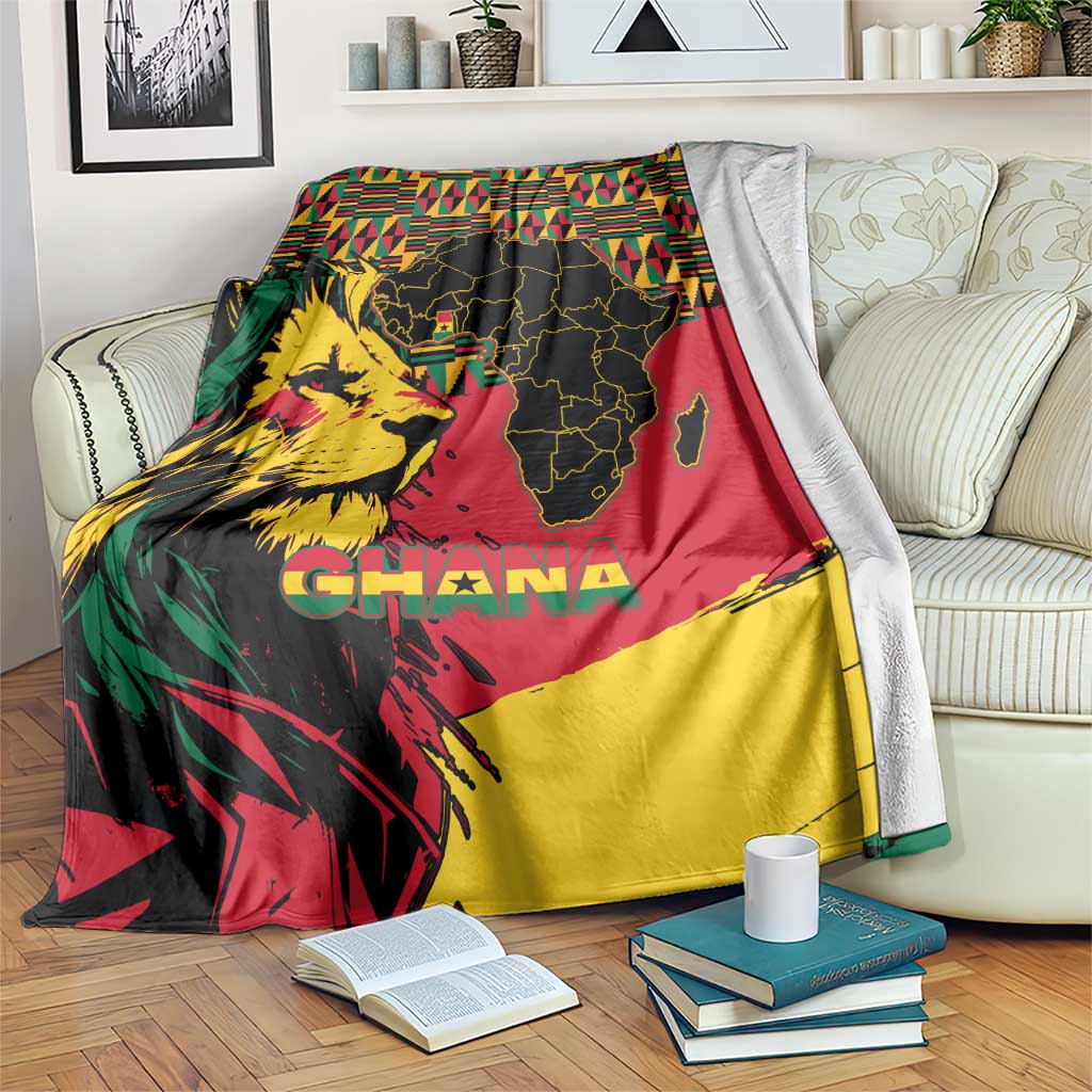 Ghana lion blanket with multicolor geometric border, lion portrait, and “GHANA” text