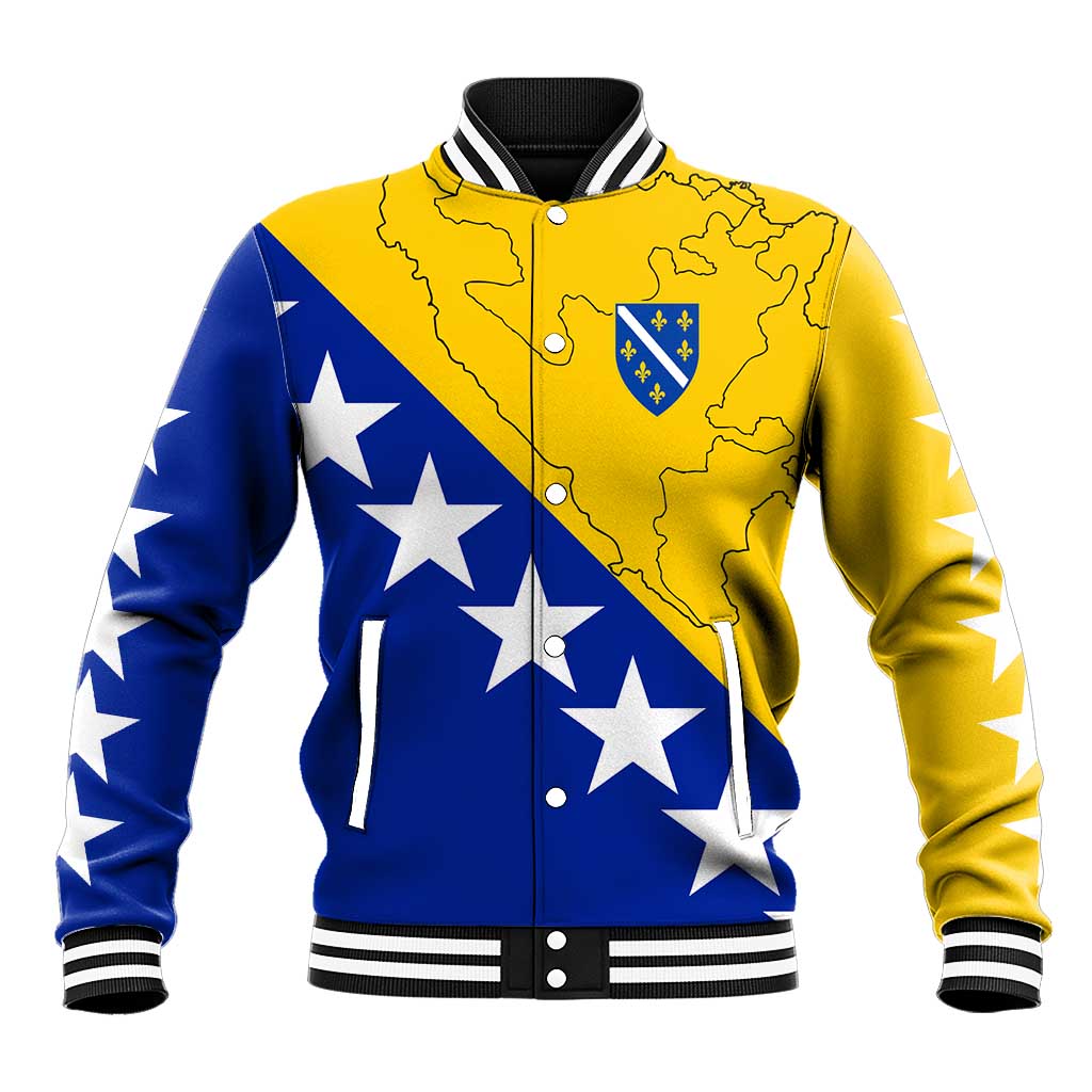 Unisex baseball jacket with Bosnia flag, crest map graphic, and striped ribbed cuffs