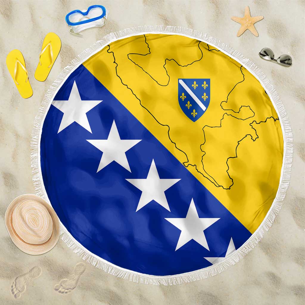 Bosnia and Herzegovina flag round beach blanket, blue/yellow with white stars, fringed edge