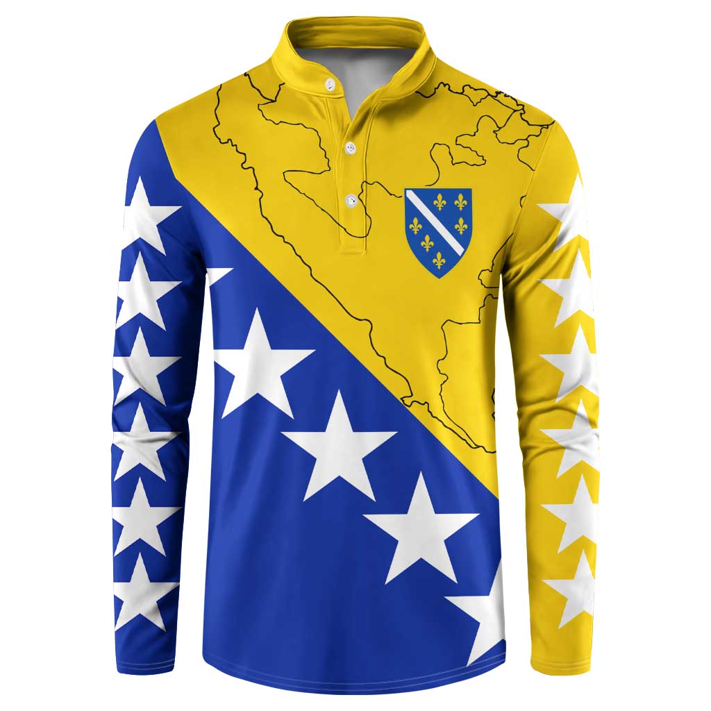 Button-front sweatshirt with Bosnia flag graphic, yellow map outline and crest