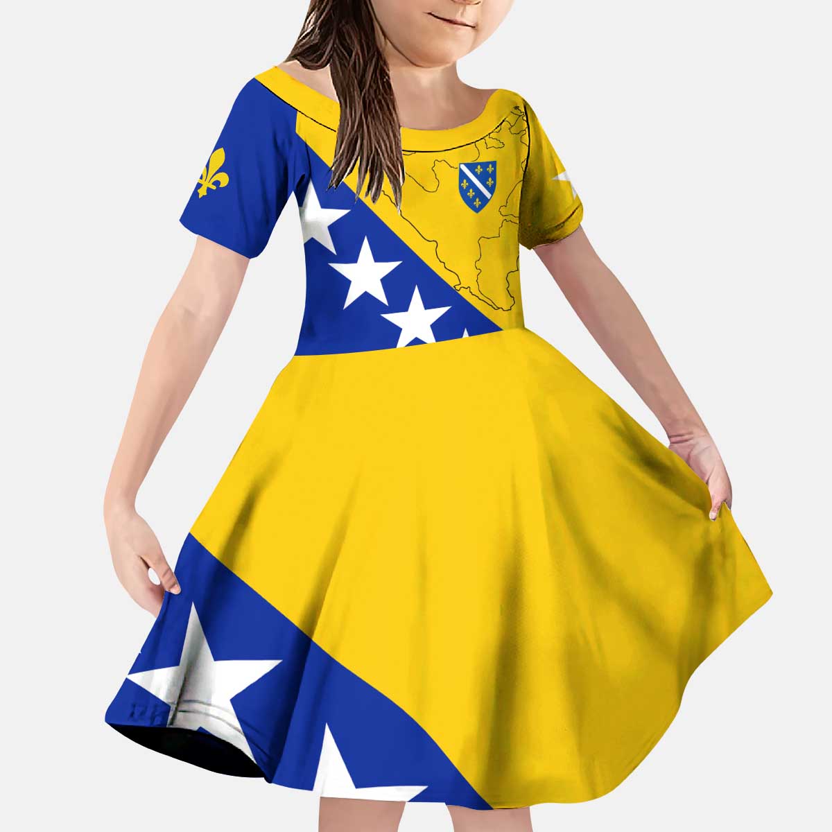Bosnia and Herzegovina Kid Short Sleeve Dress Flag and Coat of Arms Hoodie – Unique Combination Design