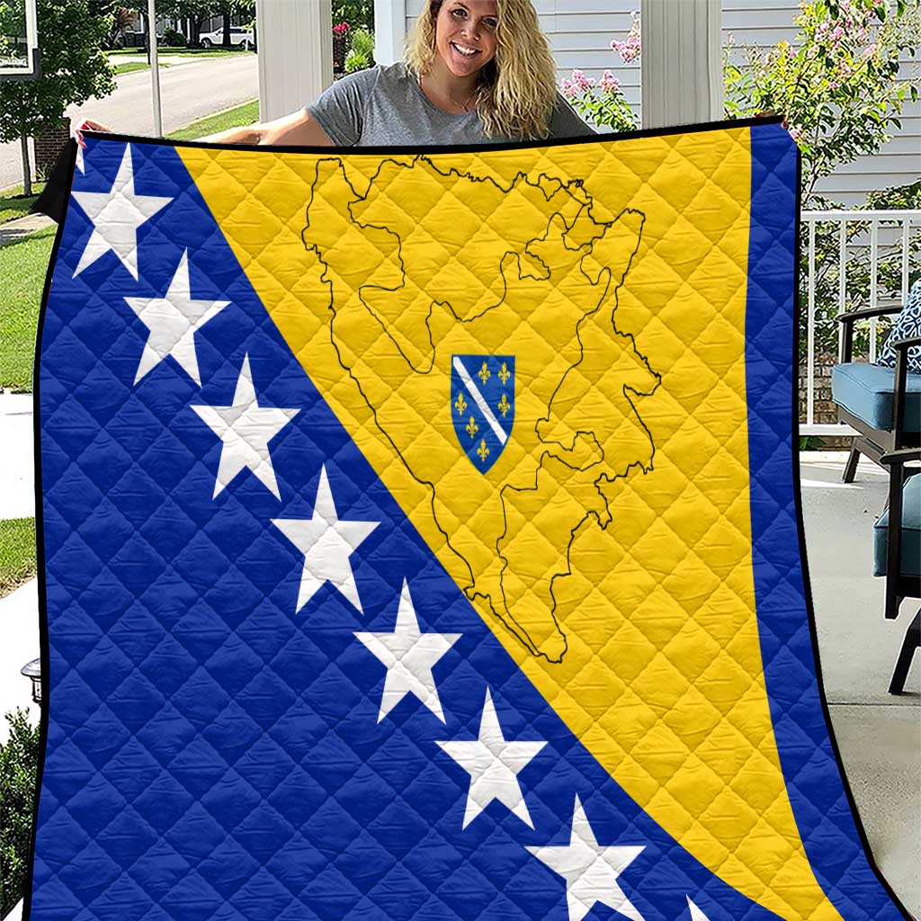 Quilt blanket featuring Bosnia flag: blue triangle, yellow field, white stars, shield