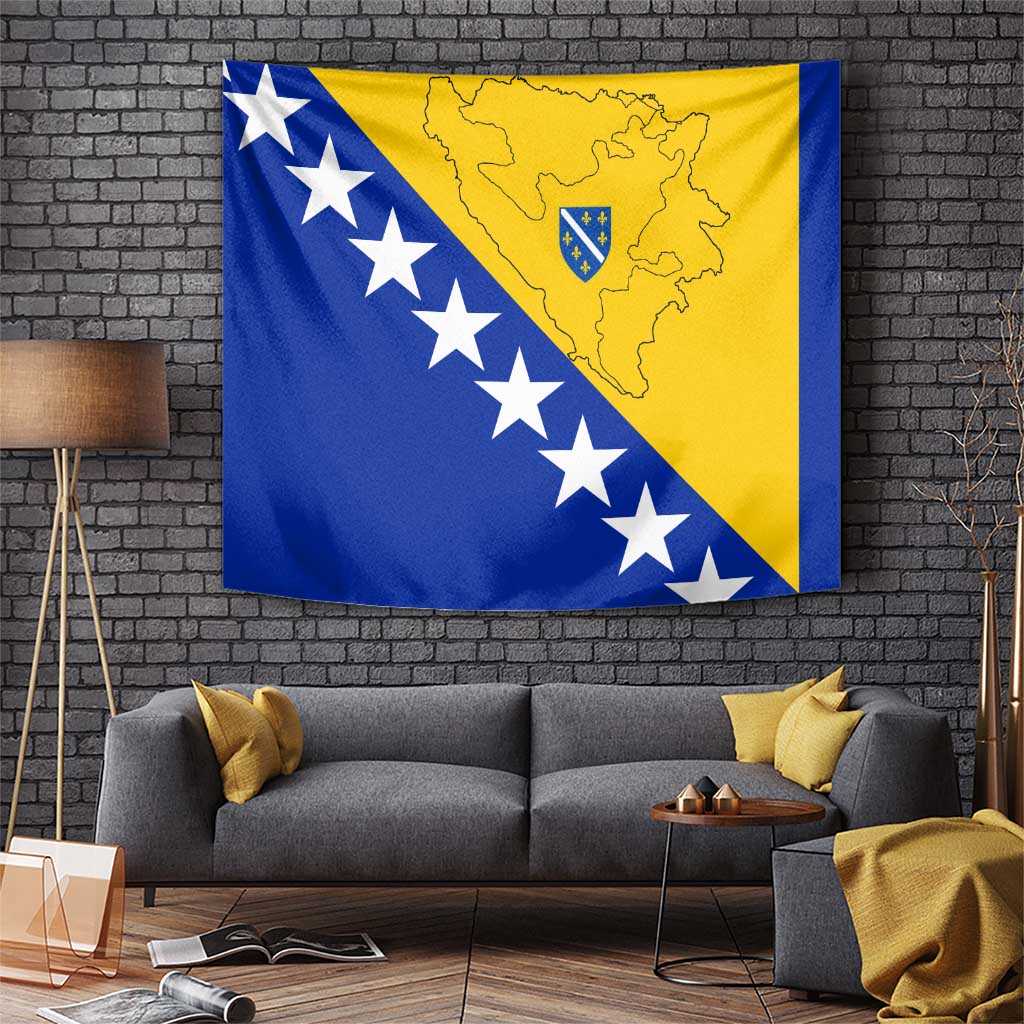 Bosnia and Herzegovina flag tapestry, blue-yellow diagonal with white stars and coat of arms