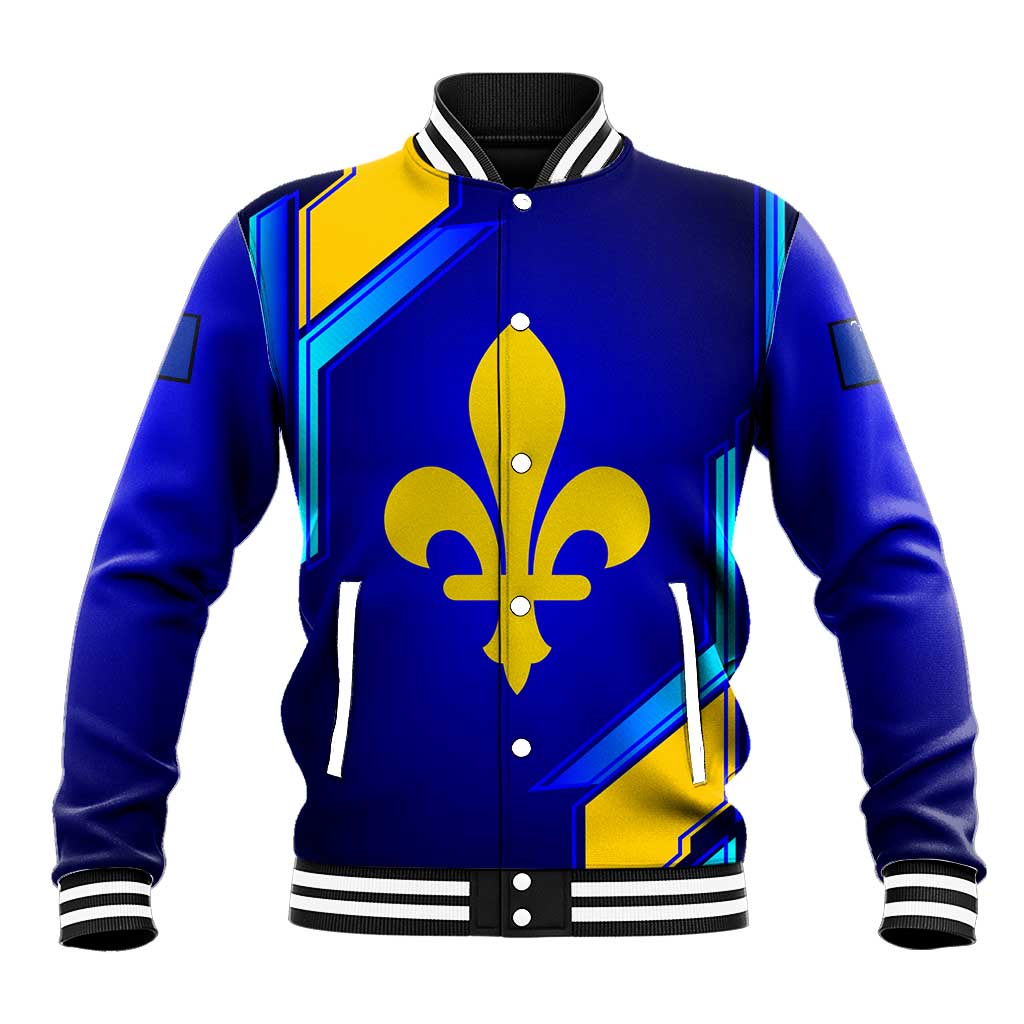 Blue varsity baseball jacket with front button placket and fleur-de-lis crest graphic
