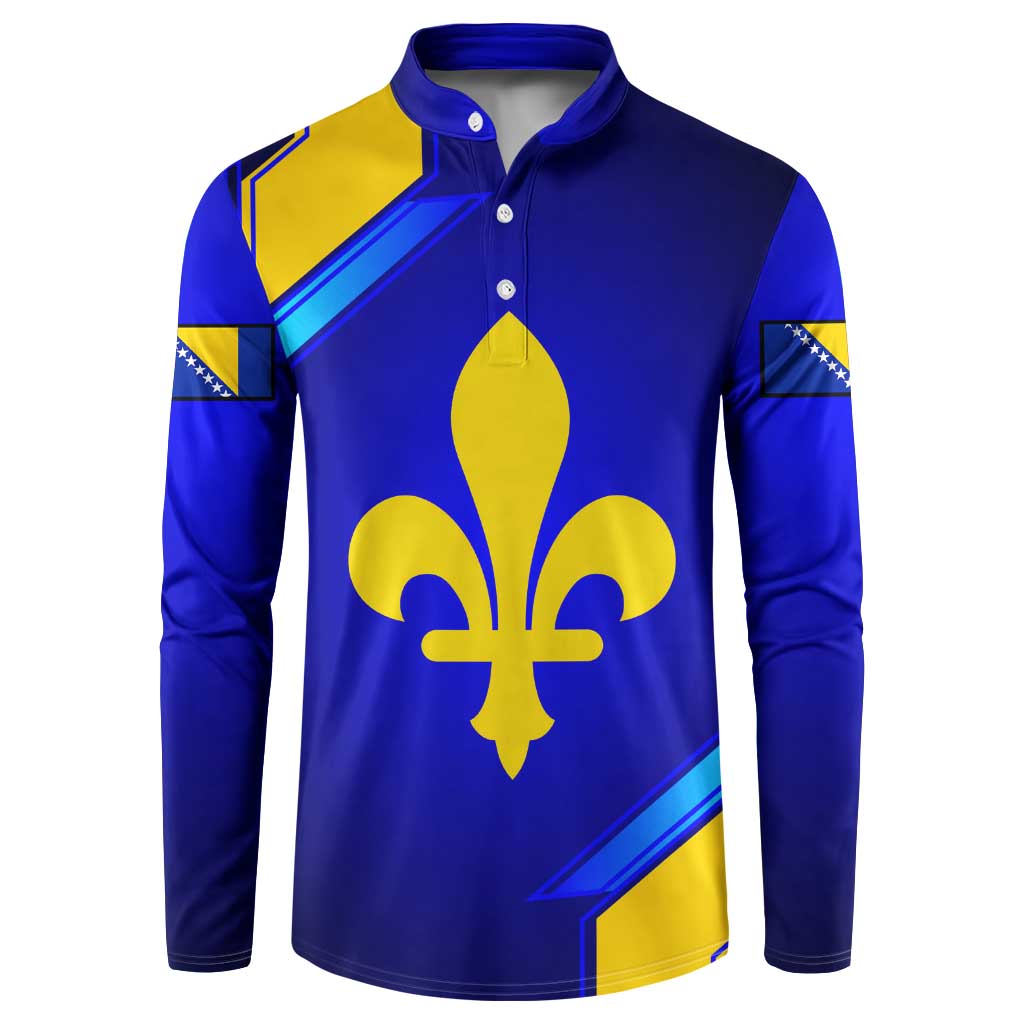 Men’s blue button polo sweatshirt with yellow fleur-de-lis crest and striped sleeve accents
