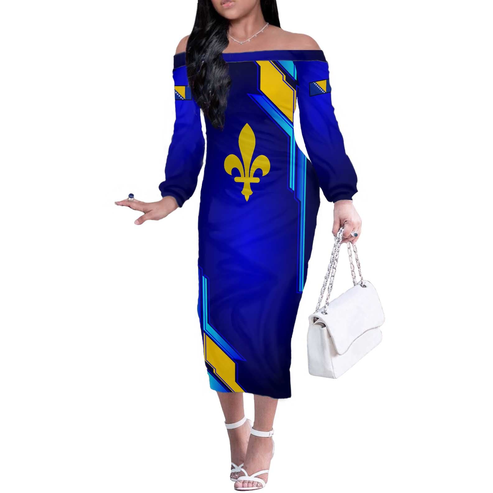 Bosnia and Herzegovina Coat of Arms Off The Shoulder Long Sleeve Dress Blend of National Colors & Symbols