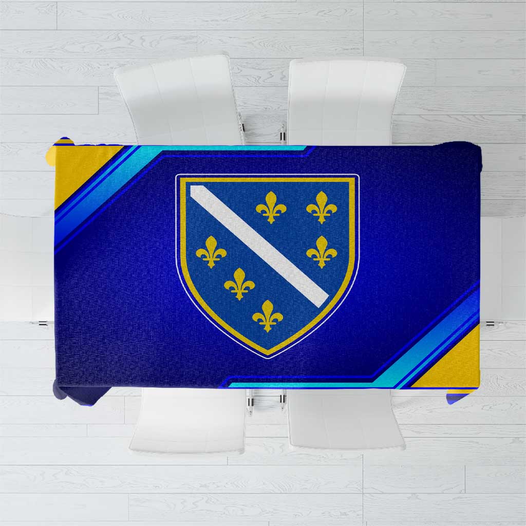 Blue and yellow Bosnia coat of arms tablecloth with shield emblem and geometric stripes
