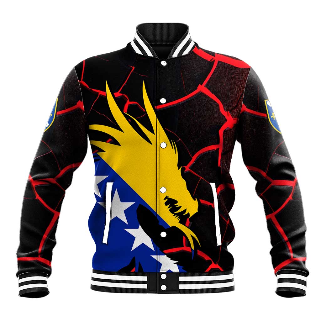 Black baseball jacket with Bosnia flag dragon graphic, button front, ribbed collar