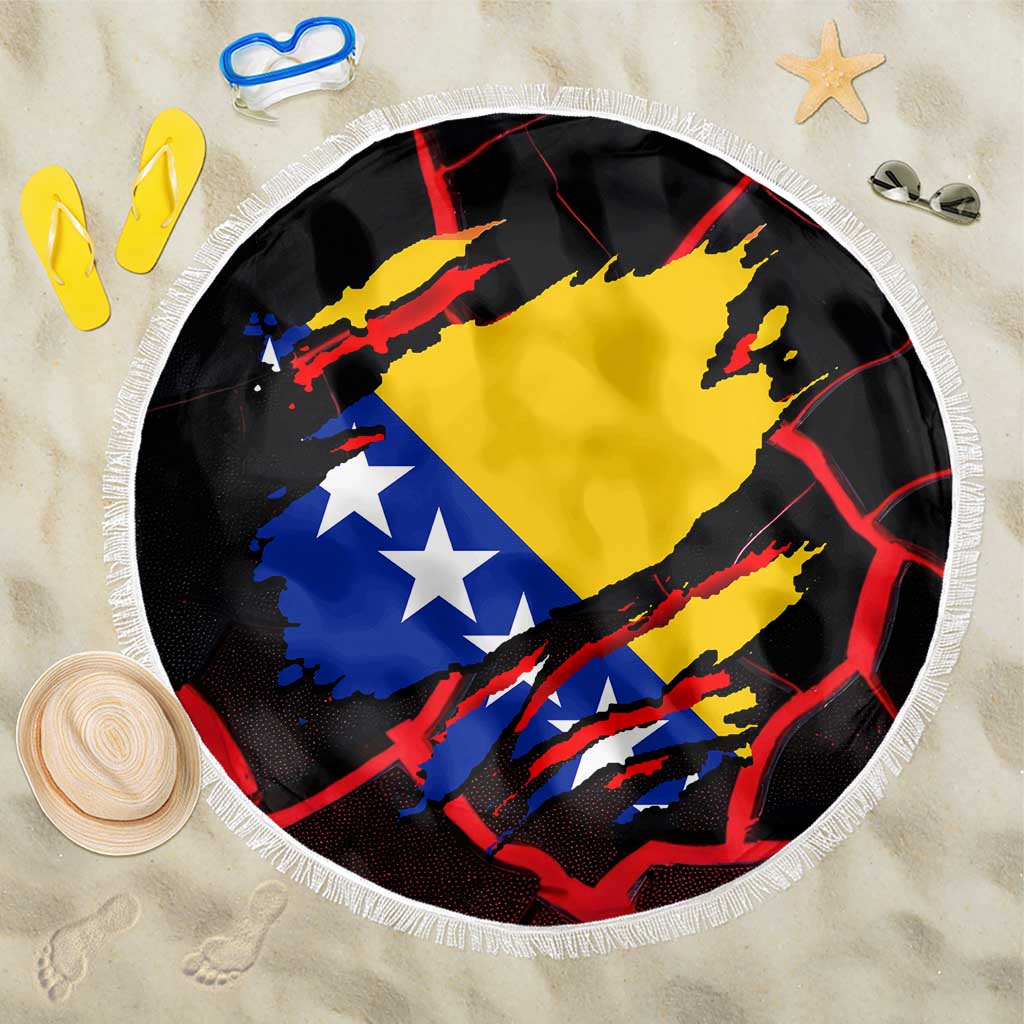 Round Bosnia and Herzegovina flag beach blanket, black with white fringe edging.