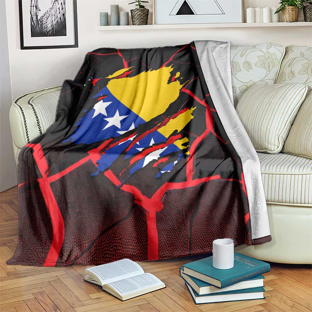 Black Bosnia flag blanket with yellow map center, blue stars, and red network lines