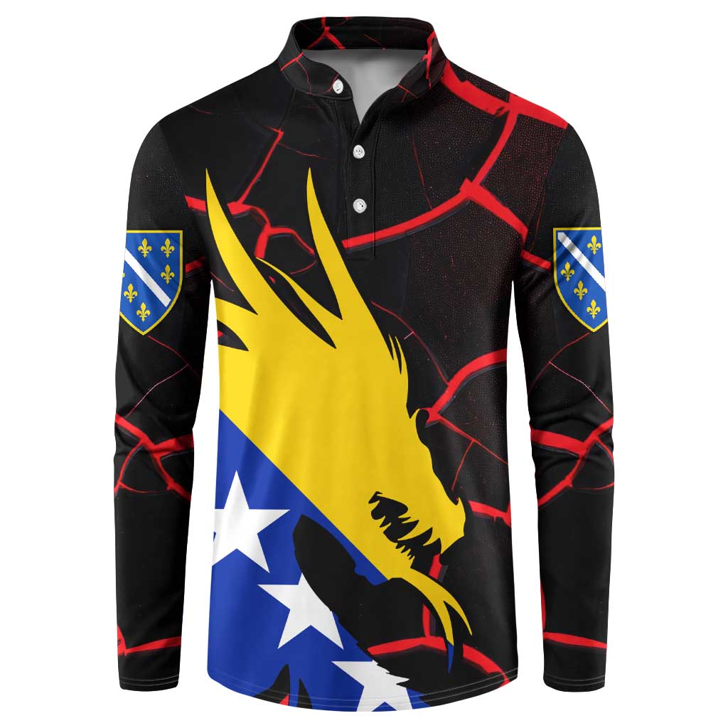 Black button-up sweatshirt with Bosnia flag dragon print and shield sleeve patches
