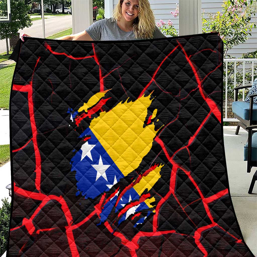Black quilt with Bosnia emblem shape and red line pattern, yellow blue details, dragon-style print