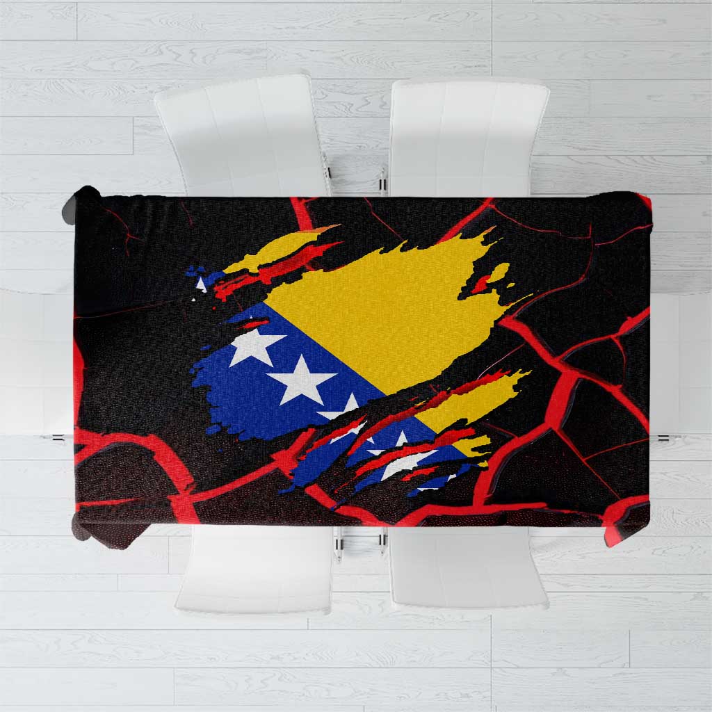Black Bosnia and Herzegovina flag tablecloth with dragon design, folded rectangular view.