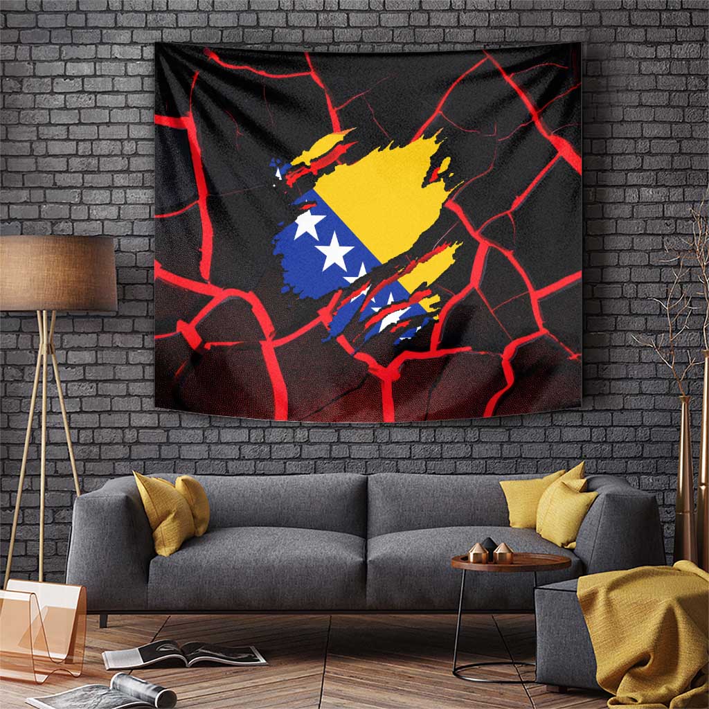 Black wall tapestry with Bosnia flag dragon shape, red web lines and splash accents