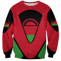 Unisex red sweatshirt with Malawi triangle emblem and green-yellow accents on front