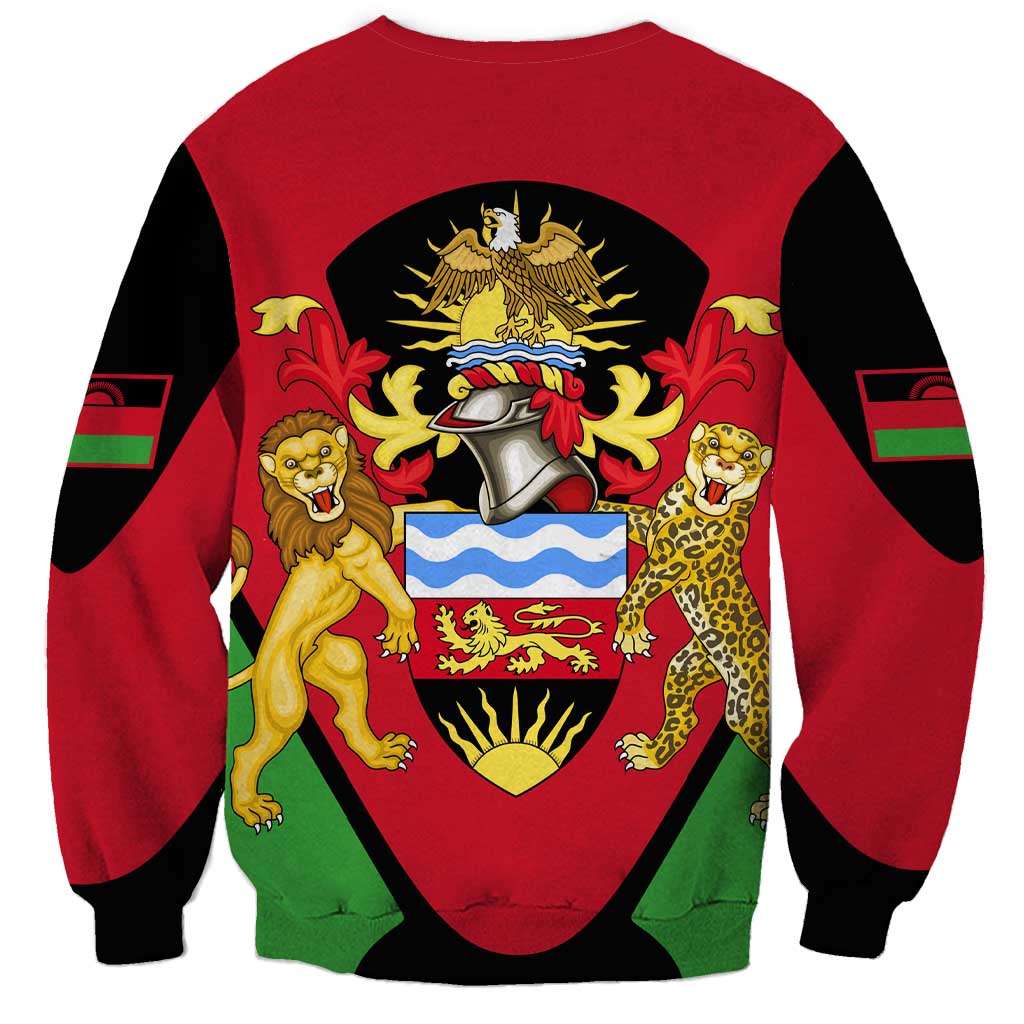 Unisex red sweatshirt with Malawi coat of arms crest on back, green-black sleeves