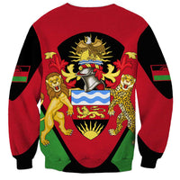 Unisex red sweatshirt with Malawi coat of arms crest on back, green-black sleeves