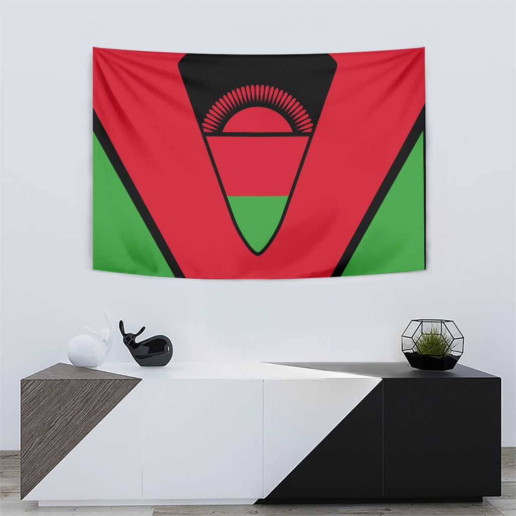 Malawi flag tapestry centered on wall, red-green colors with black emblem
