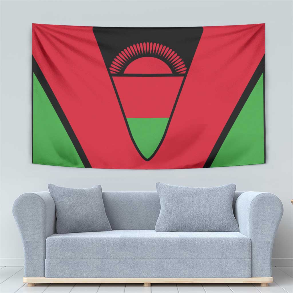 Malawi flag tapestry stretched on wall, red-green flag and black emblem