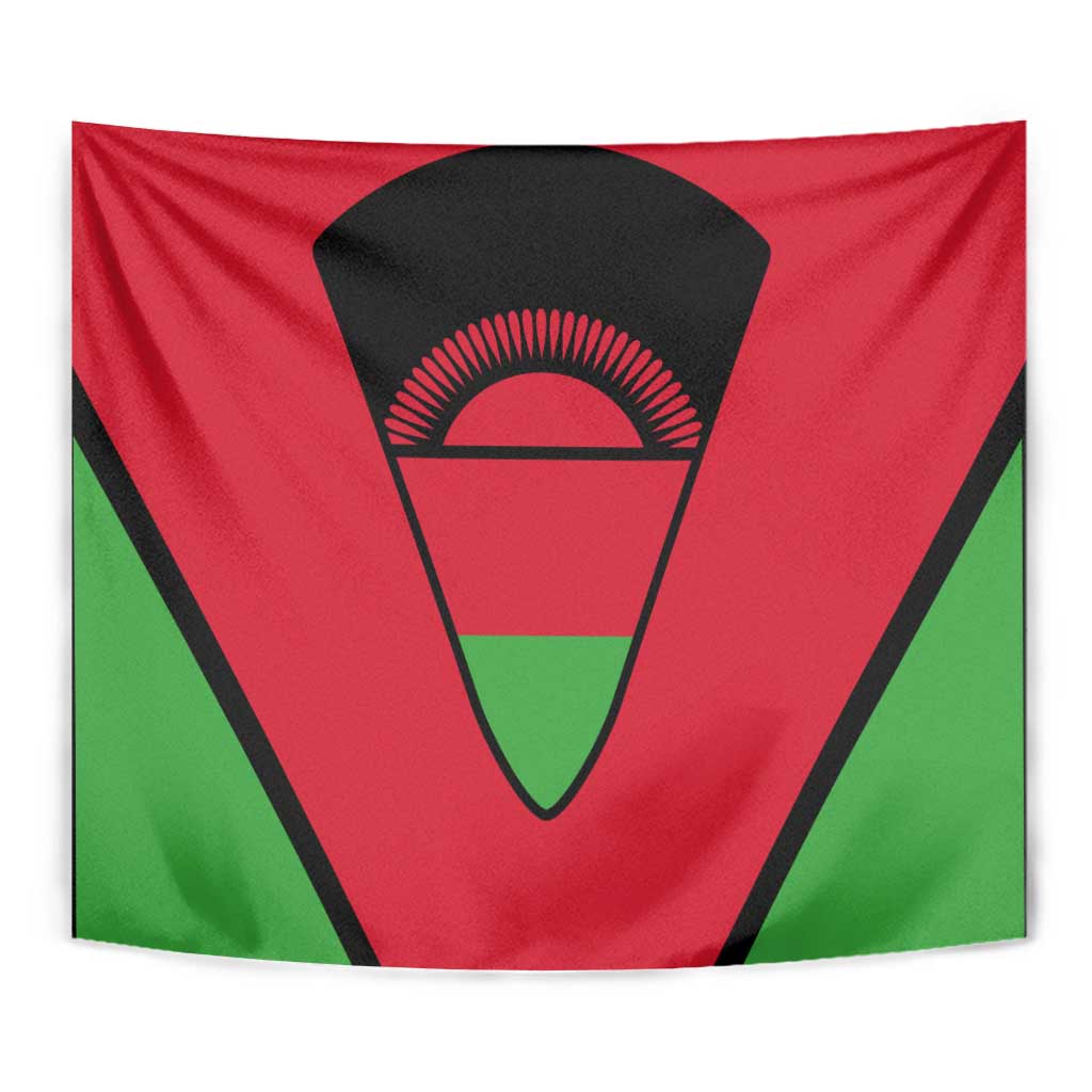 Malawi flag tapestry close-up, red and green with black emblem and rays