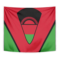 Malawi flag tapestry close-up, red and green with black emblem and rays