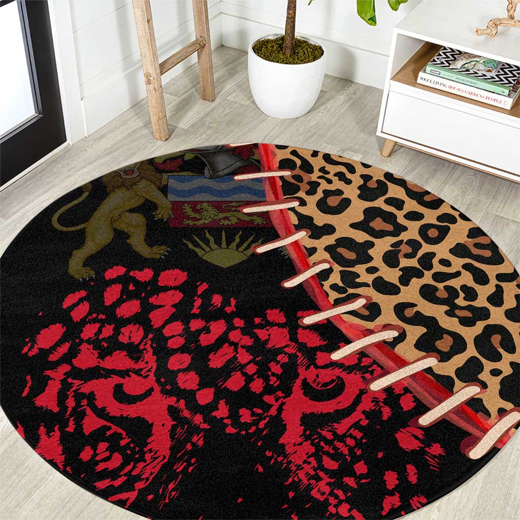 Malawi Round Carpet Coat of Arms & Leopard Print - Unique Motif Fusion