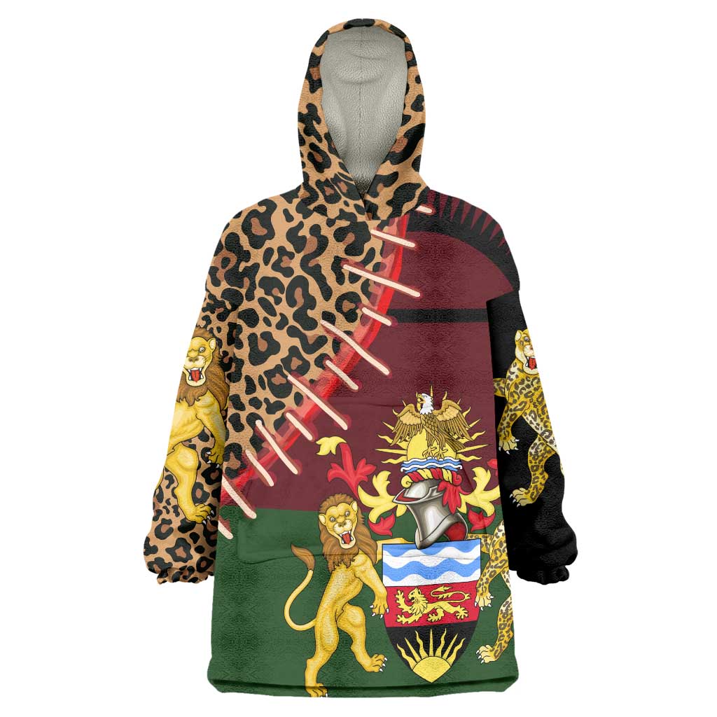 Malawi Wearable Blanket Hoodie Coat of Arms & Leopard Print - Unique Motif Fusion