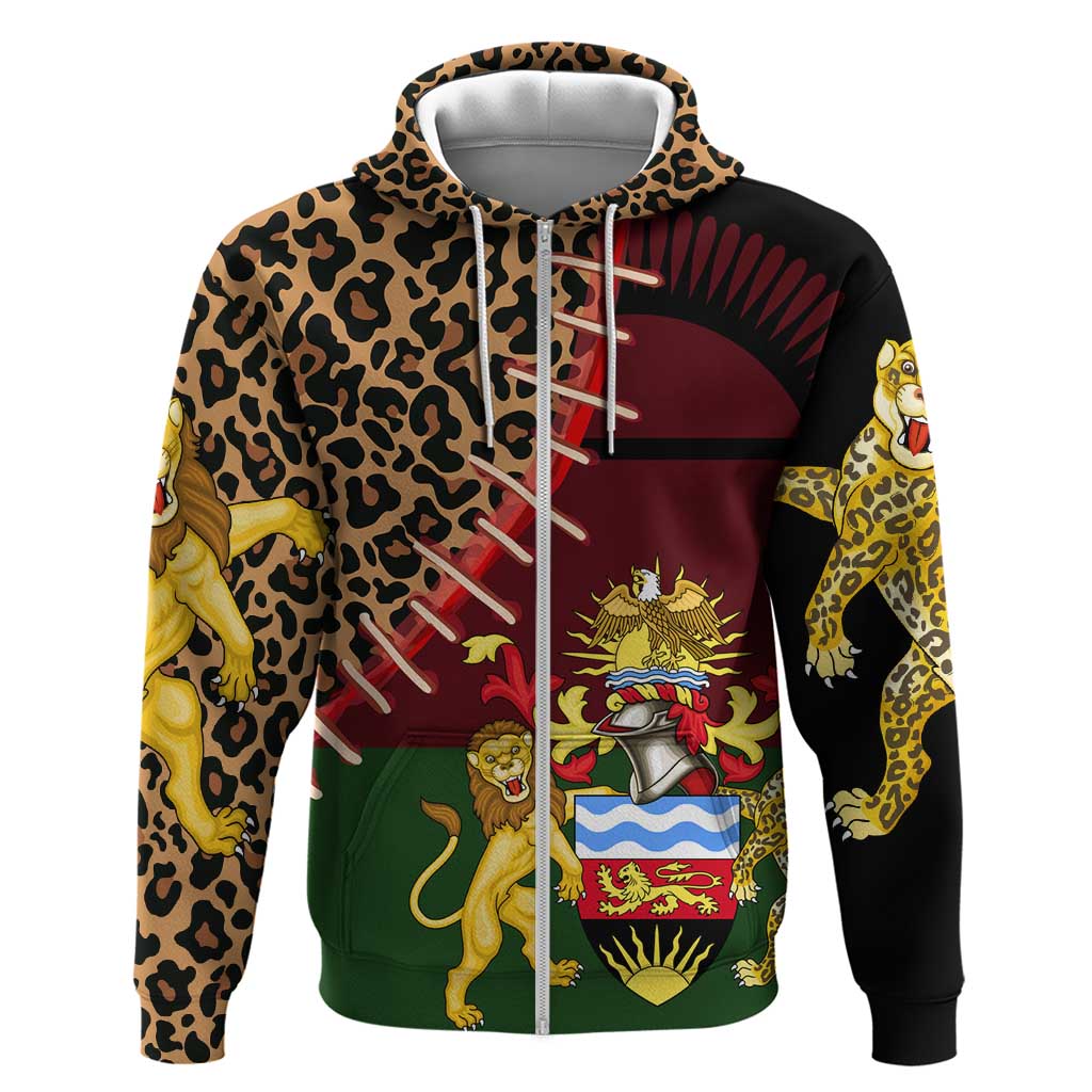 Malawi Zip Hoodie Coat of Arms & Leopard Print - Unique Motif Fusion