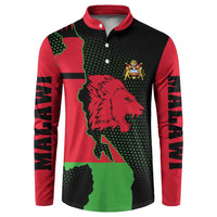 Red, black, and green lion graphic button sweatshirt with Malawi map-style print