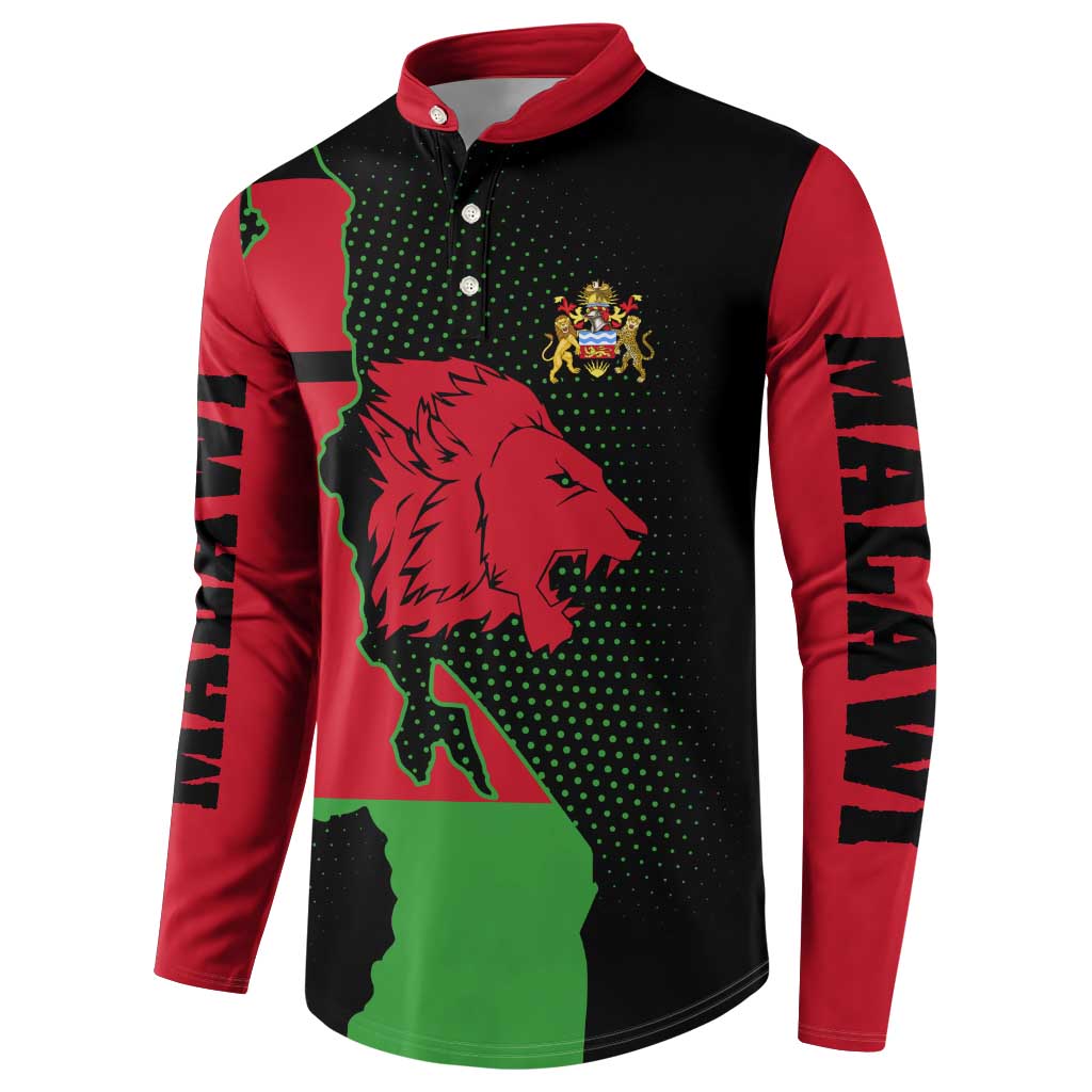 Red and black button sweatshirt with lion graphic and Malawi map-style front print
