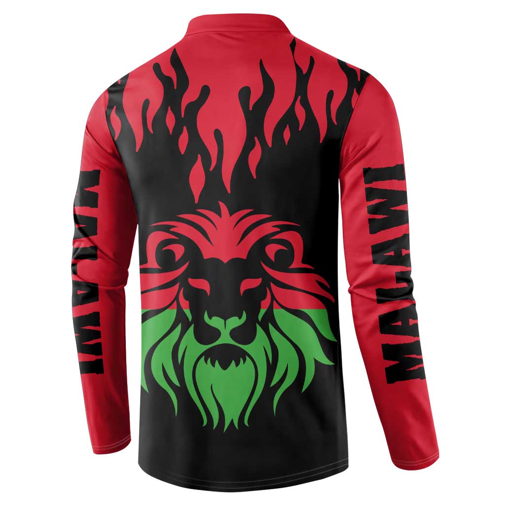 Red and black button sweatshirt back with flame design and green lion head graphic