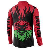 Red and black button sweatshirt back with flame design and green lion head graphic