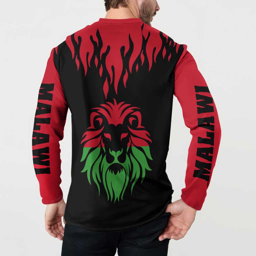 Red and black button sweatshirt back with flame pattern and green lion head graphic