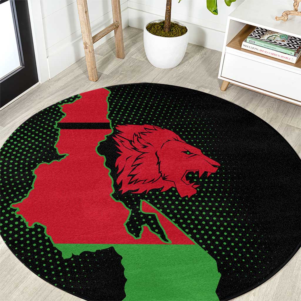 Malawi Map Shaped Lion Round Carpet Unique Country and Wildlife Fusion Design