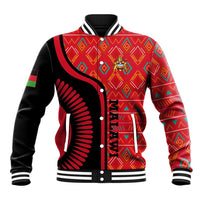 Baseball jacket with red geometric print, black sleeves, crest on front, striped trim