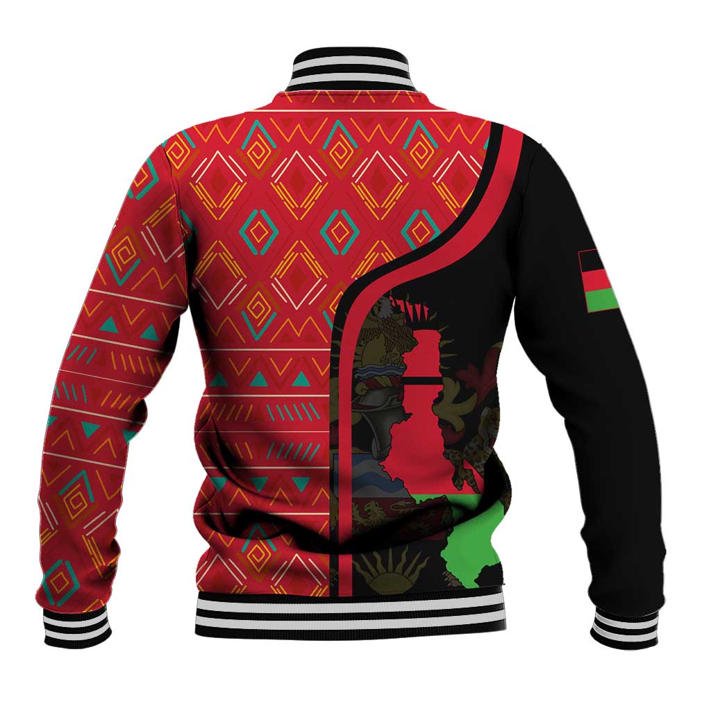 Baseball jacket back with red geometric print, black panel graphic, striped collar and cuffs