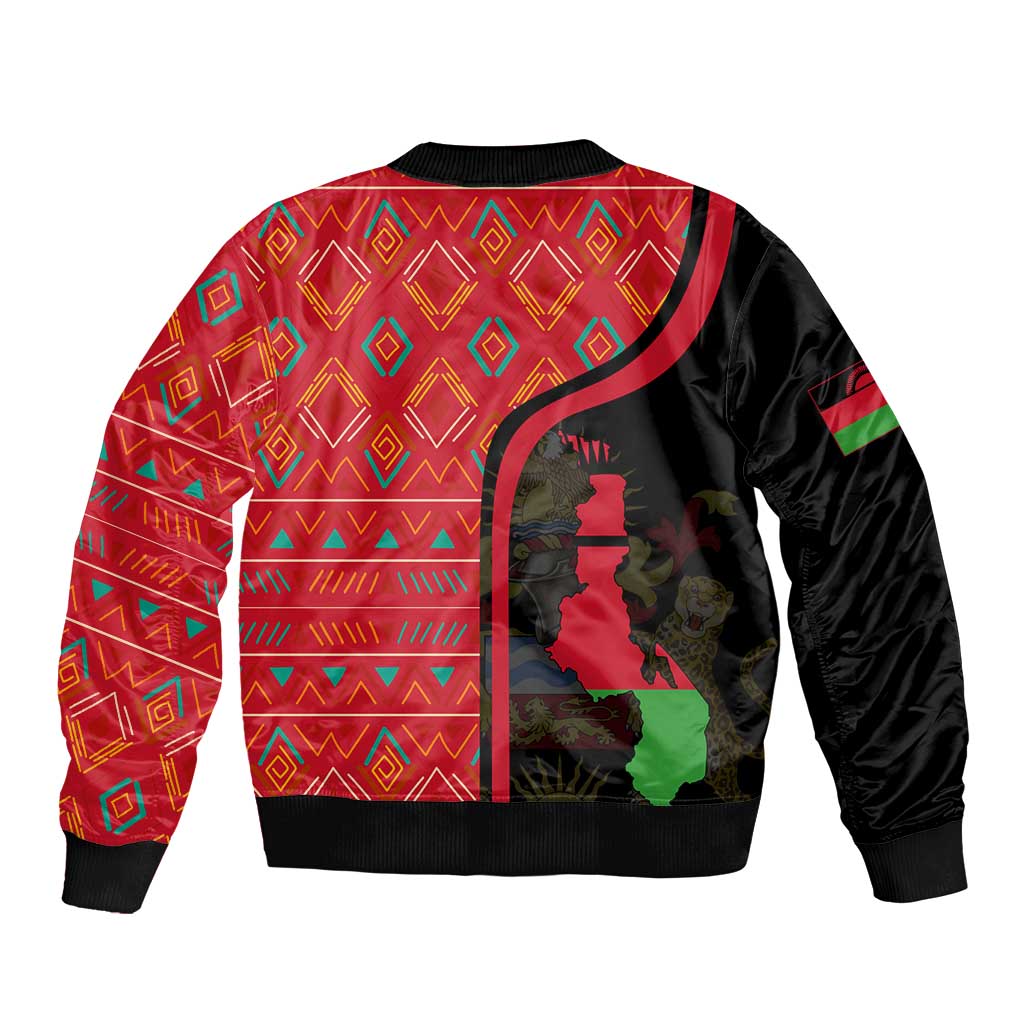 Unisex bomber jacket back with red geometric diamond pattern and Malawi silhouette emblem
