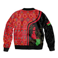 Unisex bomber jacket back with red geometric diamond pattern and Malawi silhouette emblem