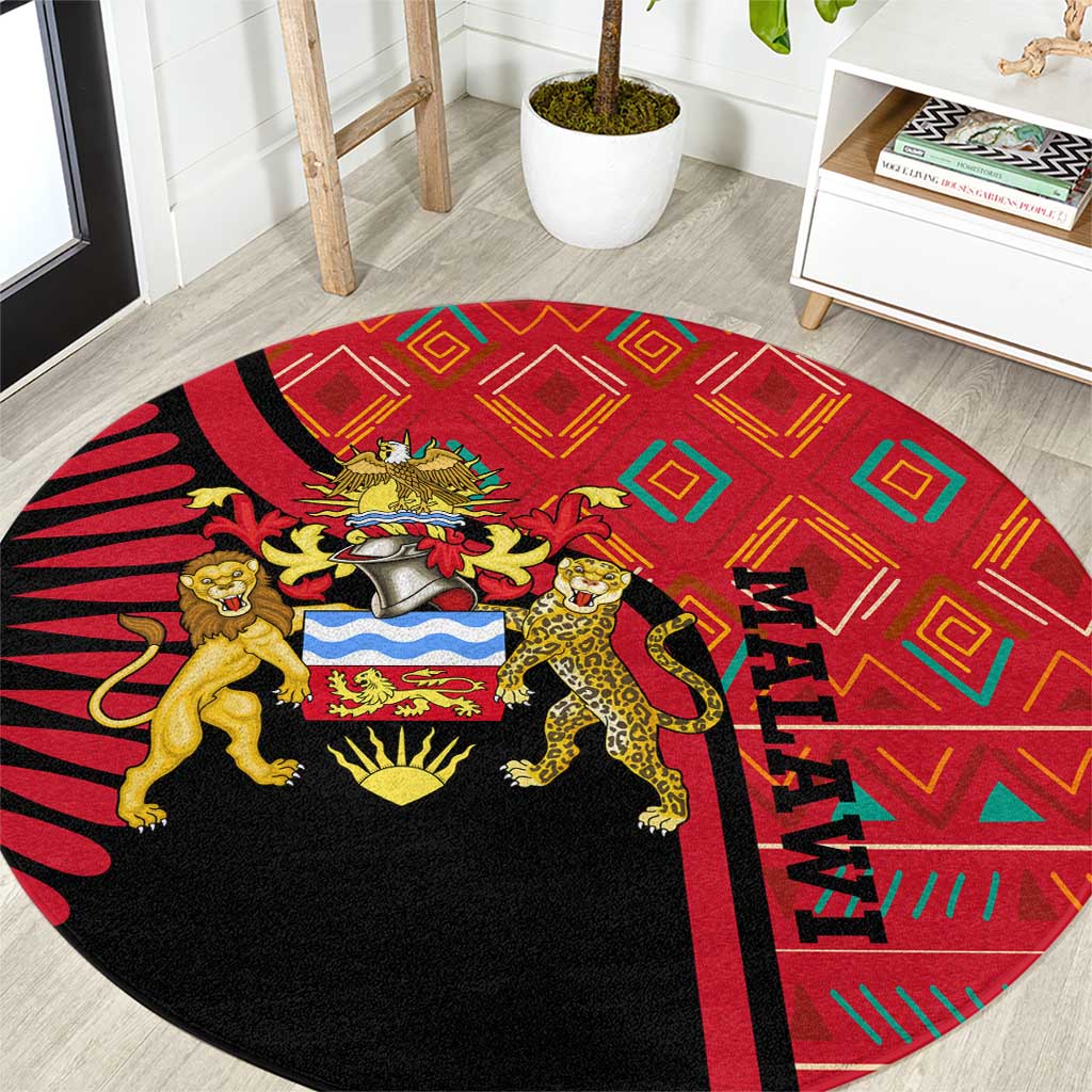 Malawi Patterns Round Carpet Blended with Flag Colors & National Emblem - Cultural Fusion Design