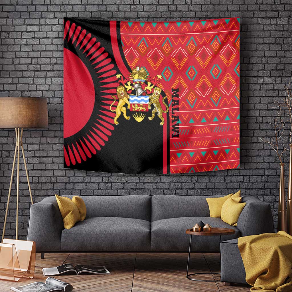 Malawi Patterns Tapestry Blended with Flag Colors & National Emblem - Cultural Fusion Design