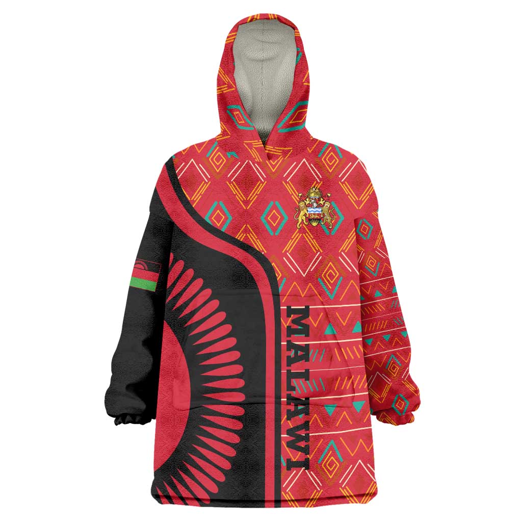 Malawi Patterns Wearable Blanket Hoodie Blended with Flag Colors & National Emblem - Cultural Fusion Design