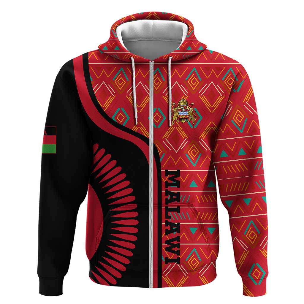 Malawi Patterns Zip Hoodie Blended with Flag Colors & National Emblem - Cultural Fusion Design