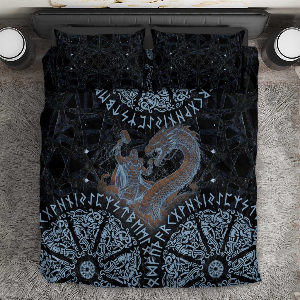 Thor and Jormungandr Norse Mythology Viking Bedding Set Celtic Knot and Rune Art Style