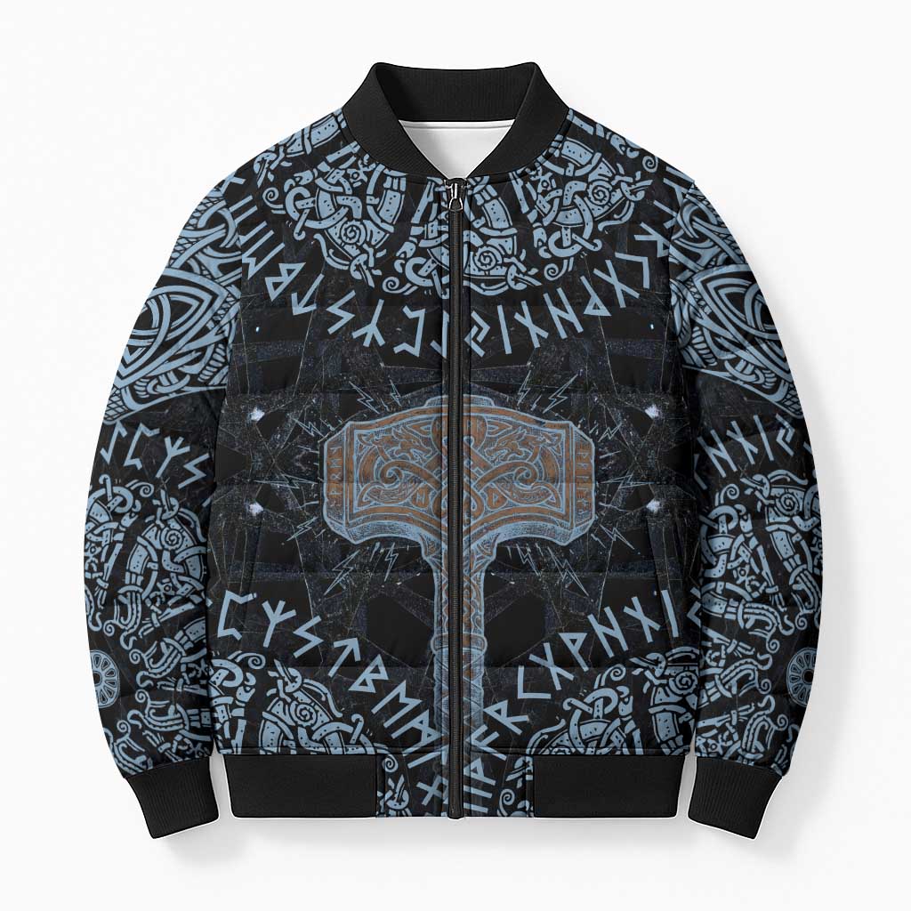 Thor and Jormungandr Norse Mythology Viking Bomber Puffer Jacket Celtic Knot and Rune Art Style