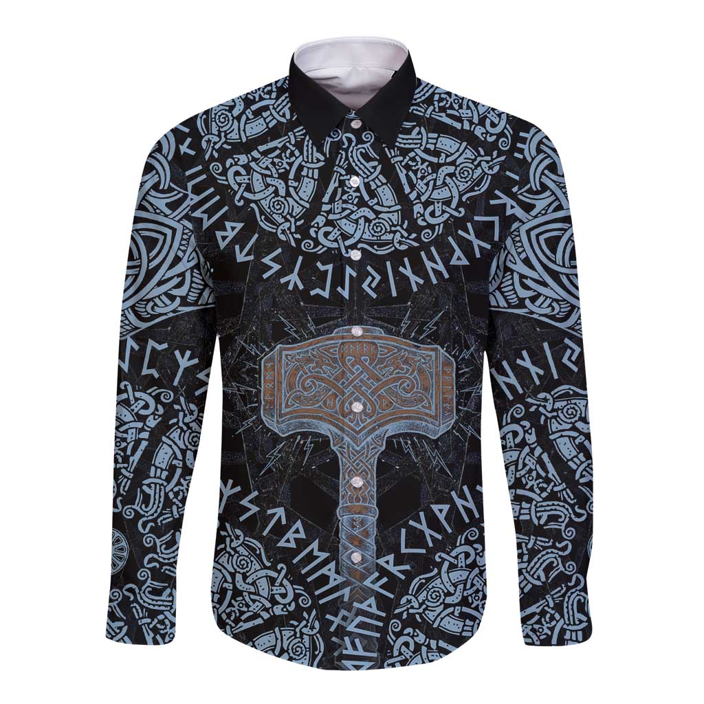 Thor and Jormungandr Norse Mythology Viking Long Sleeve Button Shirt Celtic Knot and Rune Art Style