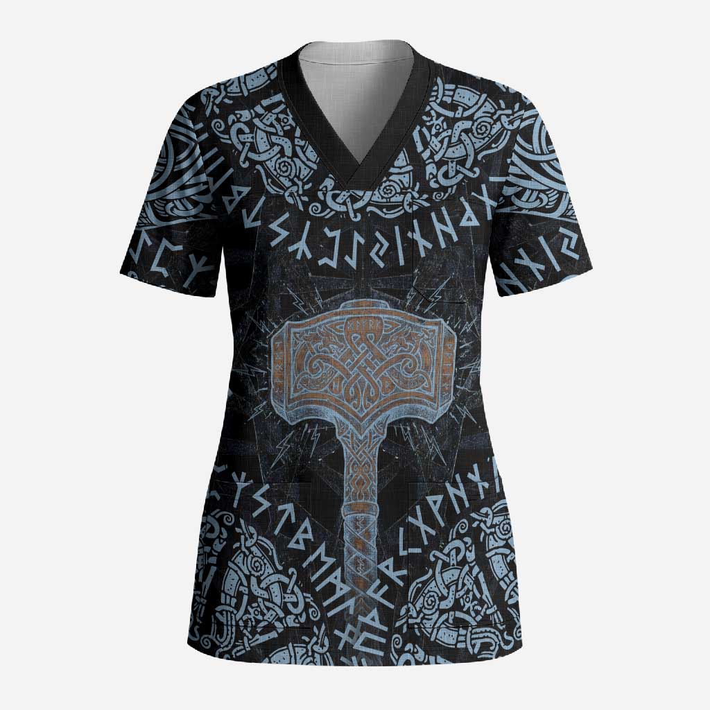 Thor and Jormungandr Norse Mythology Viking Scrub Top Celtic Knot and Rune Art Style