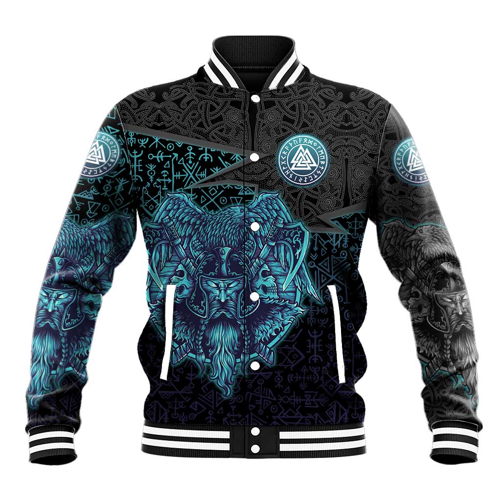 Viking Warrior and Raven Norse Mythology Baseball Jacket Neon Line Art with Rune Patterns